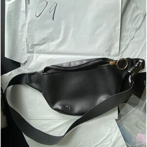 Black Faux Leather Fanny Pack Belt Bag Unisex Adjustable Strap Small Gold Accent